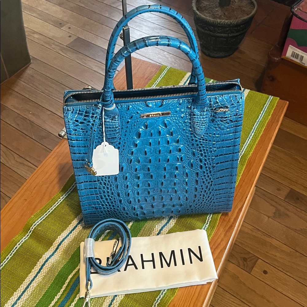 Brahmin Teal Blue Croc-Embossed Leather Satchel